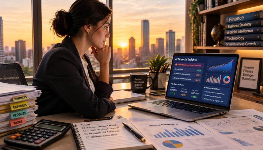 Bookkeeper reviewing AI report insights and unusual business trends