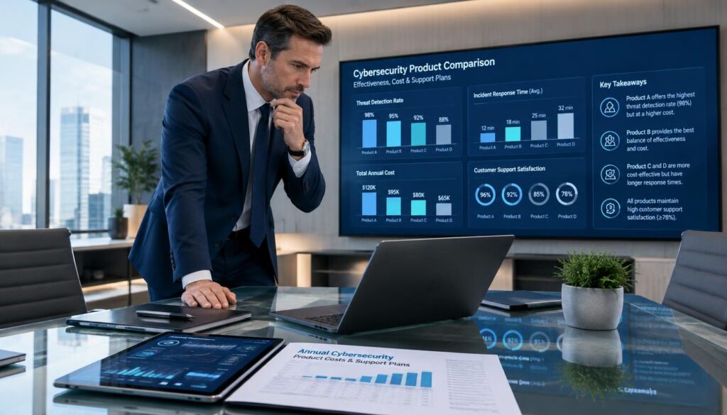 Business leader comparing annual security product costs and support Business leader comparing annual security product costs and support