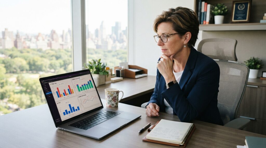 Business owner comparing AI task time and correction rates Business owner comparing AI task time and correction rates
