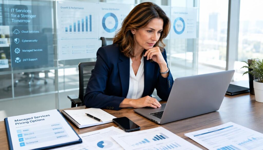 Business owner comparing managed service pricing options Business owner comparing managed service pricing options