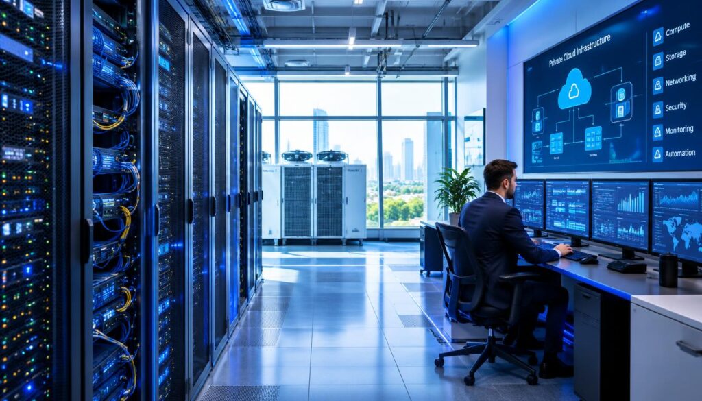 Business server room supporting a privately hosted cloud environment Business server room supporting a privately hosted cloud environment