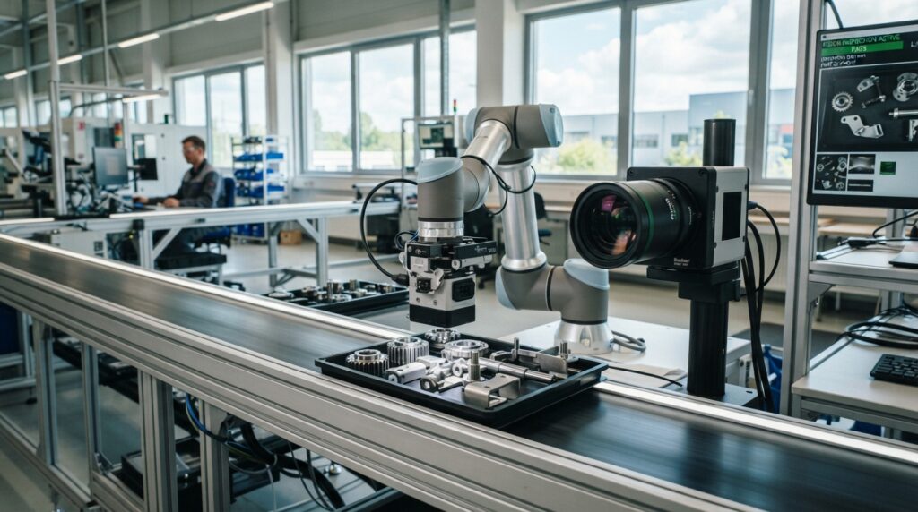 Computer vision software checks factory parts beside a camera Computer vision software checks factory parts beside a camera