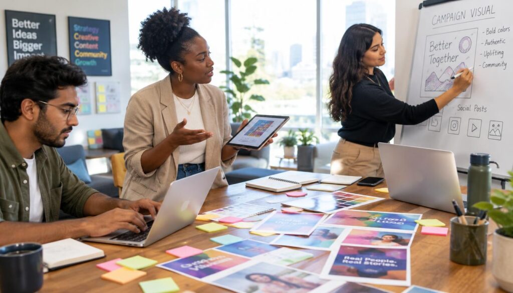 Marketing teams plan social posts and branded campaign visuals Marketing teams plan social posts and branded campaign visuals
