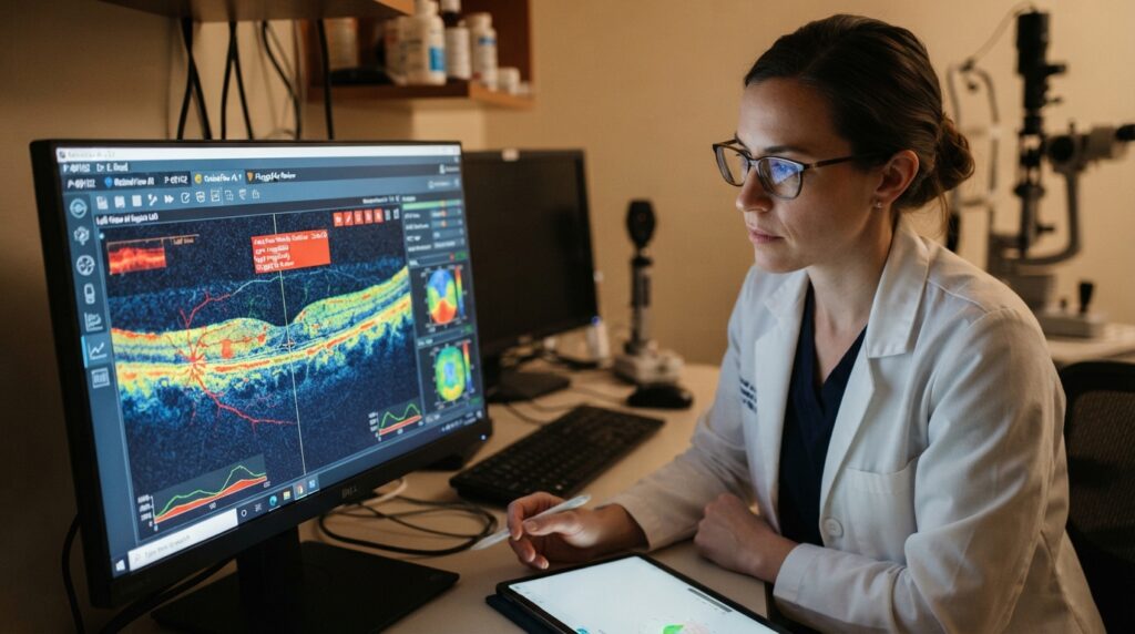 Medical imaging software flags a retinal region for review Medical imaging software flags a retinal region for review
