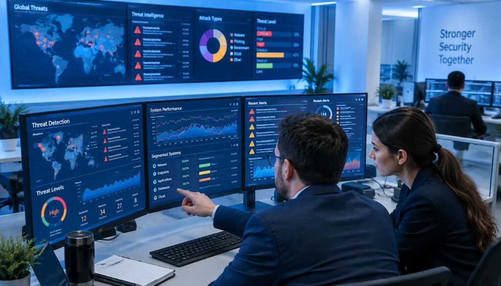 Network team reviewing threat detection across segmented systems Network team reviewing threat detection across segmented systems