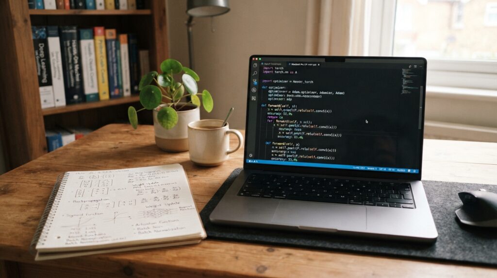 Python code and matrix notes beside a laptop