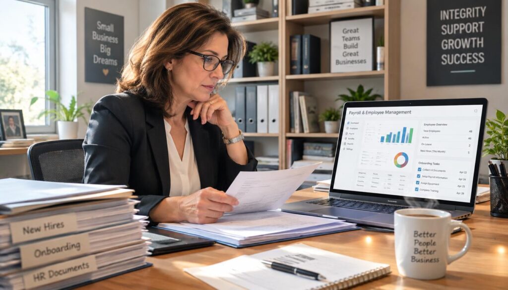 Small business manager reviewing payroll and employee onboarding tasks