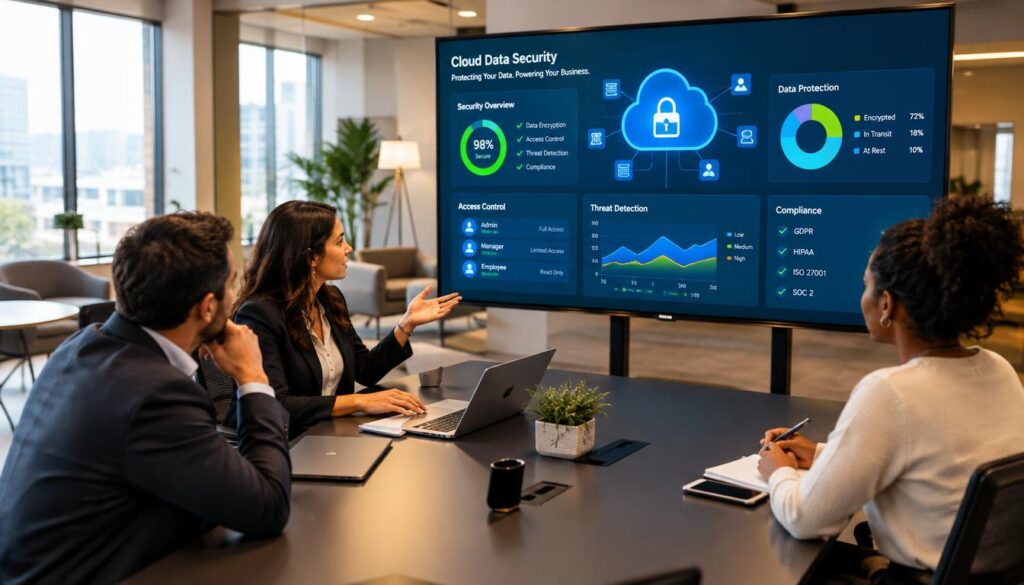 Small business team reviewing cloud data security settings Small business team reviewing cloud data security settings